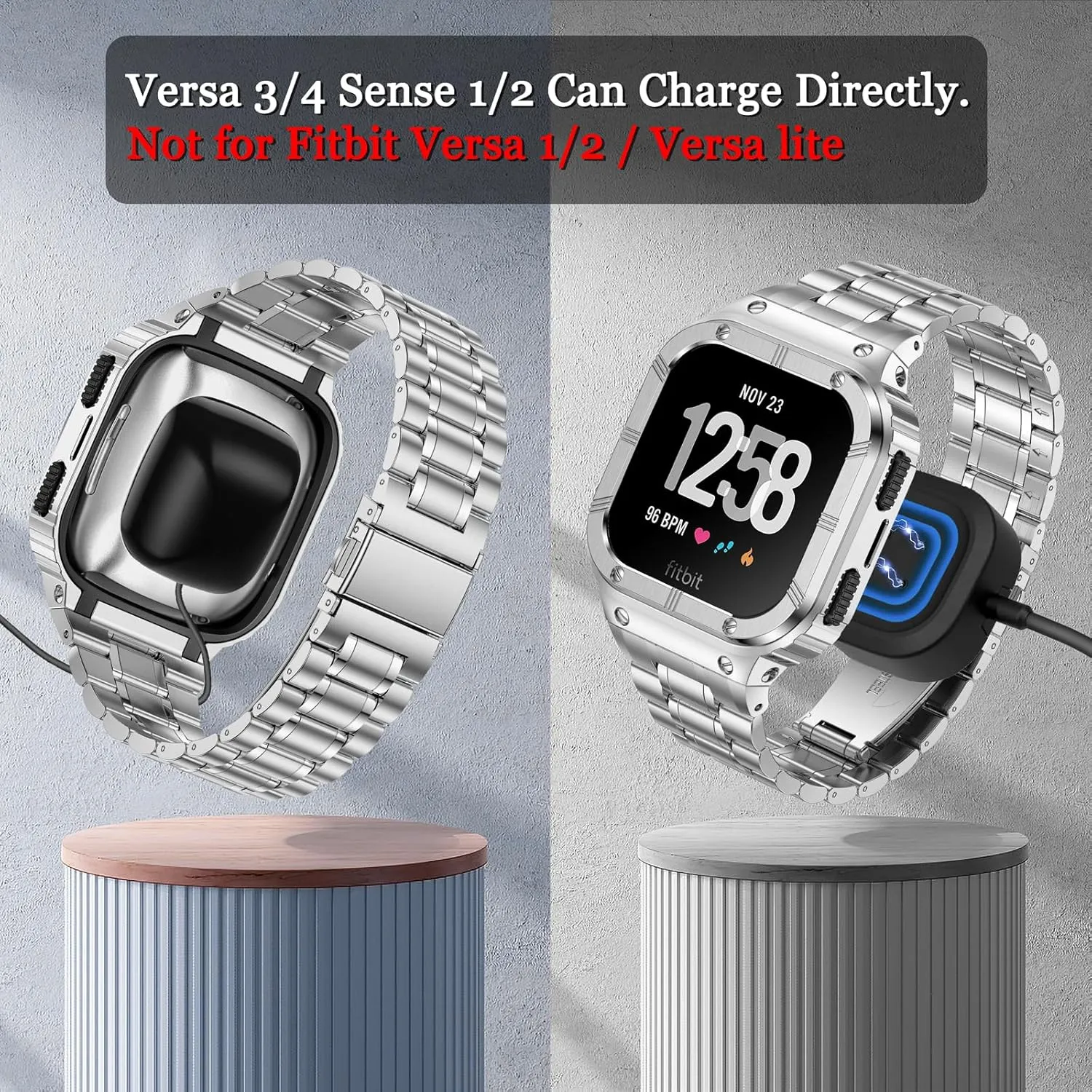 Stainless Steel Watch Band with Case Compatible for Fitbit Versa/Fitbit Sense Bands, Rugged Protective Bumper Metal Wristbands for Men Women