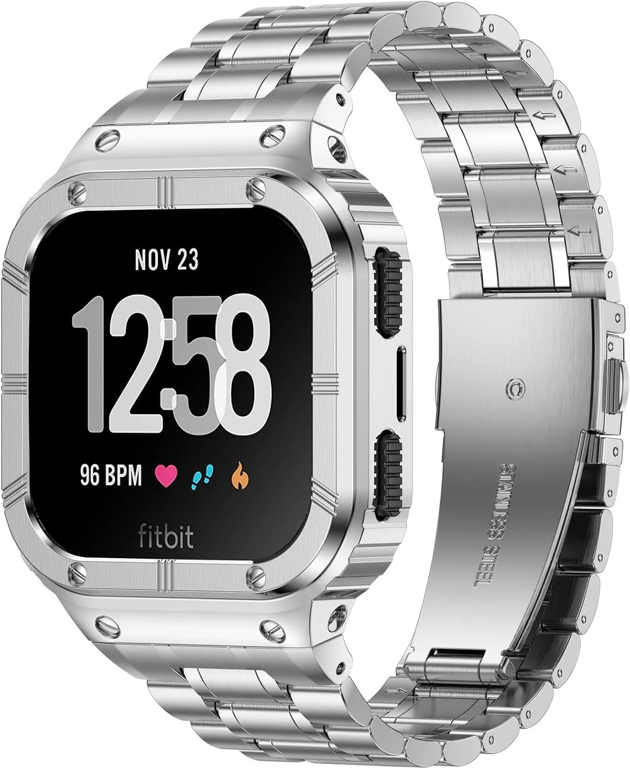 Stainless Steel Watch Band with Case Compatible for Fitbit Versa/Fitbit Sense Bands, Rugged Protective Bumper Metal Wristbands for Men Women