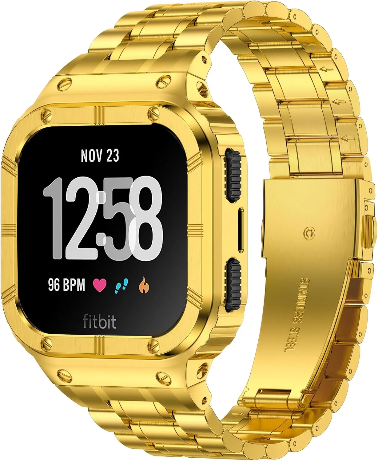 Stainless Steel Watch Band with Case Compatible for Fitbit Versa/Fitbit Sense Bands, Rugged Protective Bumper Metal Wristbands for Men Women