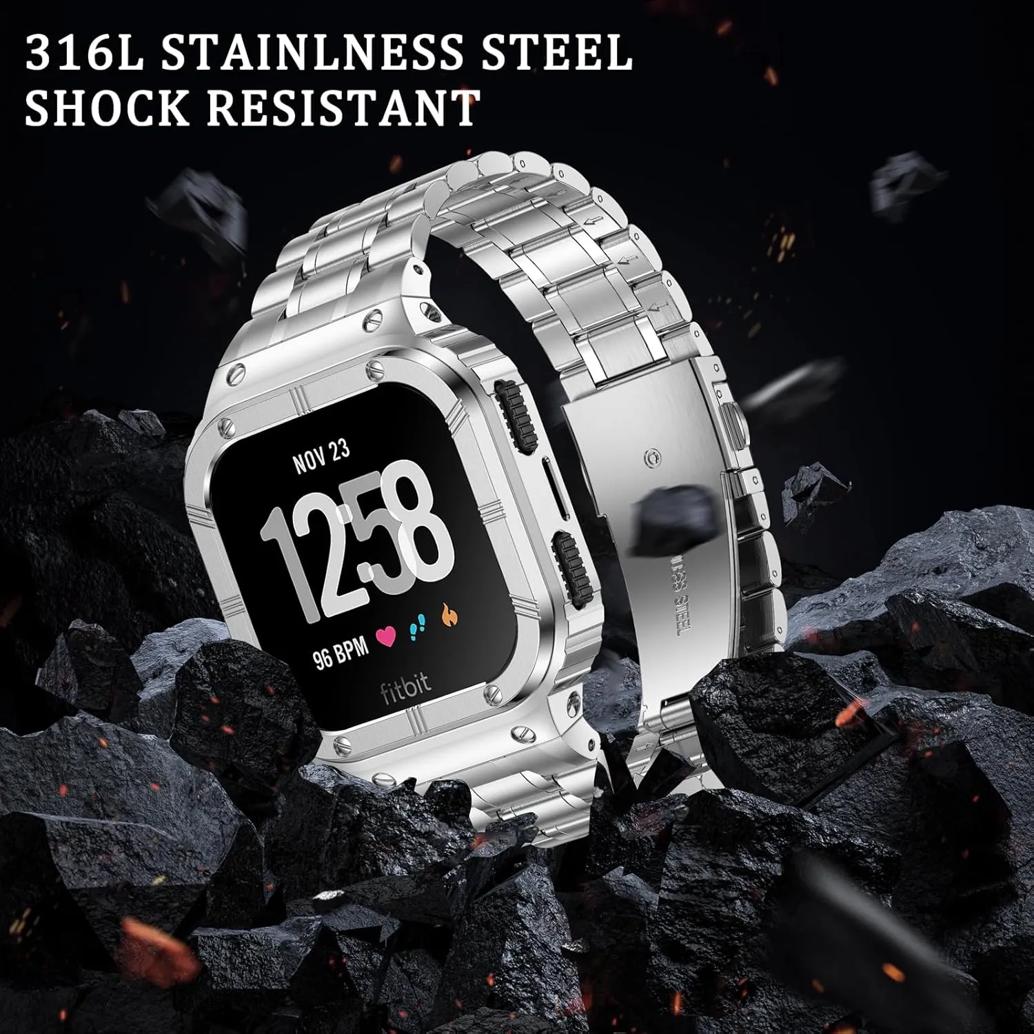 Stainless Steel Watch Band with Case Compatible for Fitbit Versa/Fitbit Sense Bands, Rugged Protective Bumper Metal Wristbands for Men Women