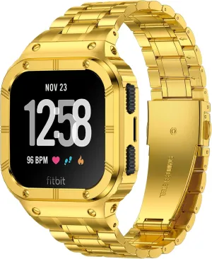 Stainless Steel Watch Band with Case Compatible for Fitbit Versa/Fitbit Sense Bands, Rugged Protective Bumper Metal Wristbands for Men Women