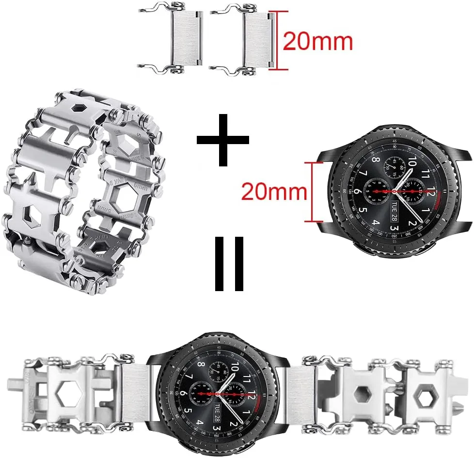 Stainless Tool Bracelet for Men Compatible for LEATHERMAN TREAD and Watch Band 29 in 1 Survival Hiking Camping Travel Friendly Multitools Wearable Bracelet 20mm connector（Silver）