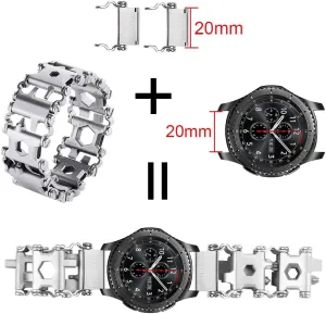 Stainless Tool Bracelet for Men Compatible for LEATHERMAN TREAD and Watch Band 29 in 1 Survival Hiking Camping Travel Friendly Multitools Wearable Bracelet 20mm connector（Silver）