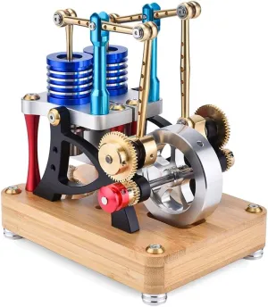 Stirling Engine Model Kit, Alpha-Type Dual-Cylinder Hot Air Stirling Engine Model, Physics Science Experiment Christmas and Birthday Gifts for Youth Adult (RTR)