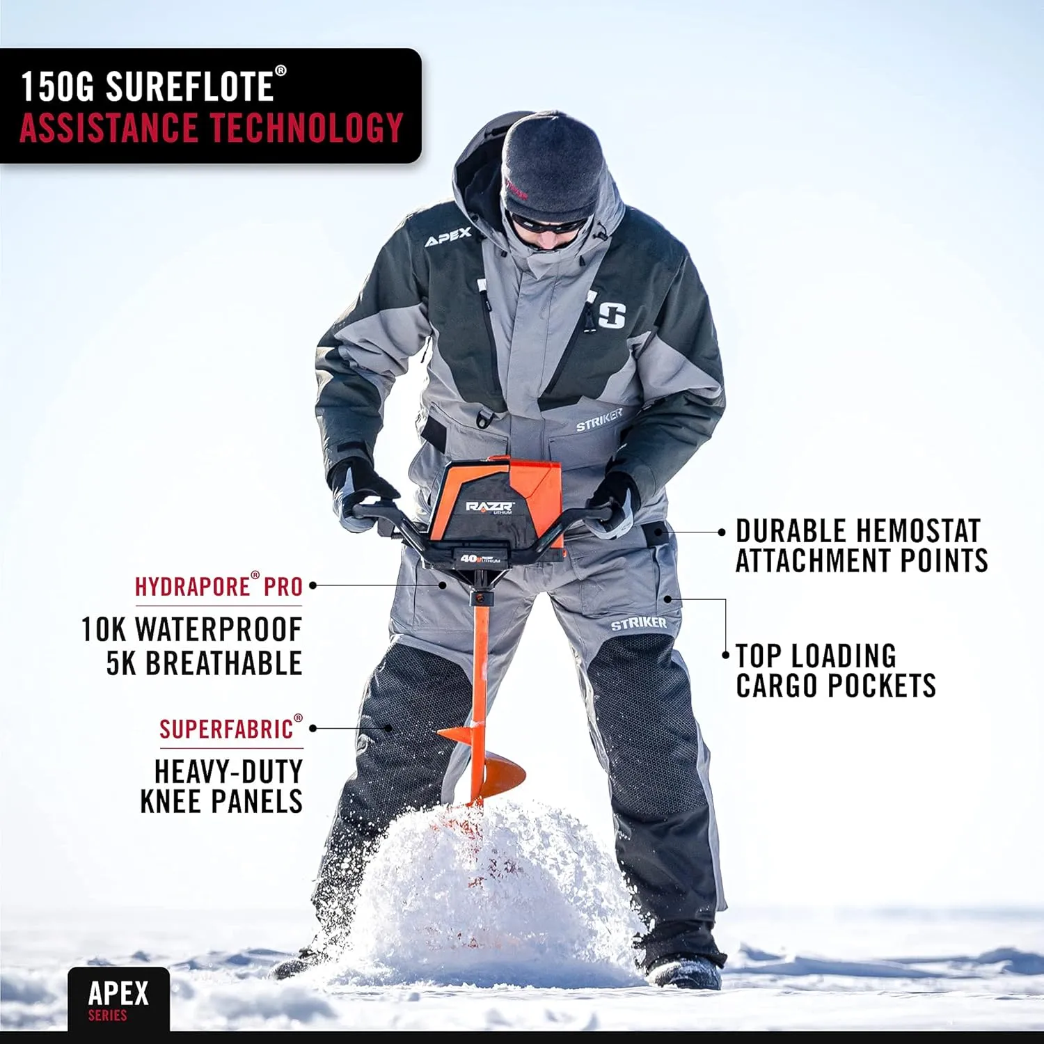 Striker Men's Apex Durable Lightweight Breathable Waterproof Outdoor Ice Fishing Bib with Sureflote Flotation Technology