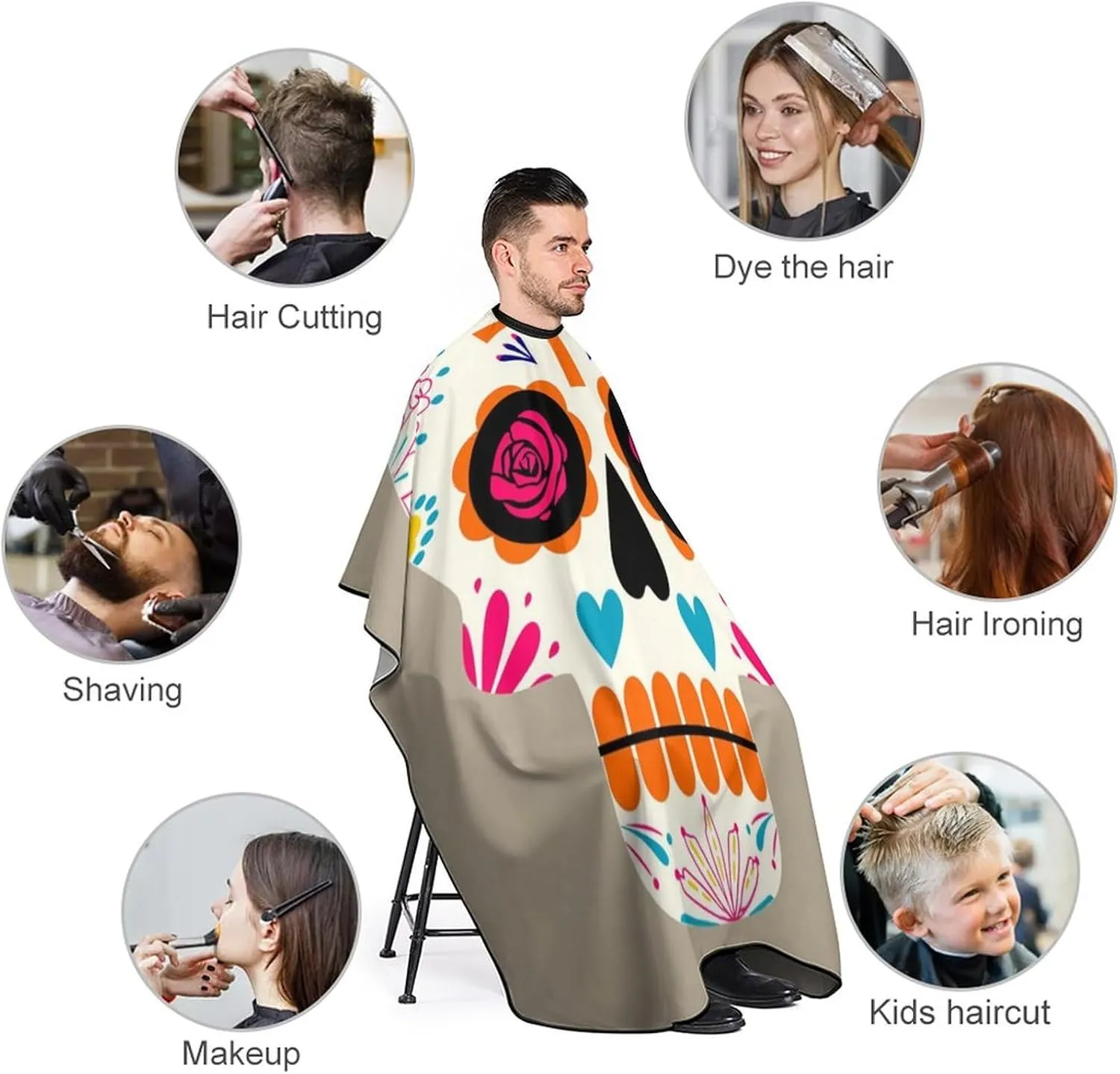 Sugar Skulls Art Cut Hair Cape Haircut Gown - Extra Large Haircut Hairdressing Cloth Apron for Barber Salon, Profession Barbershop Supplies