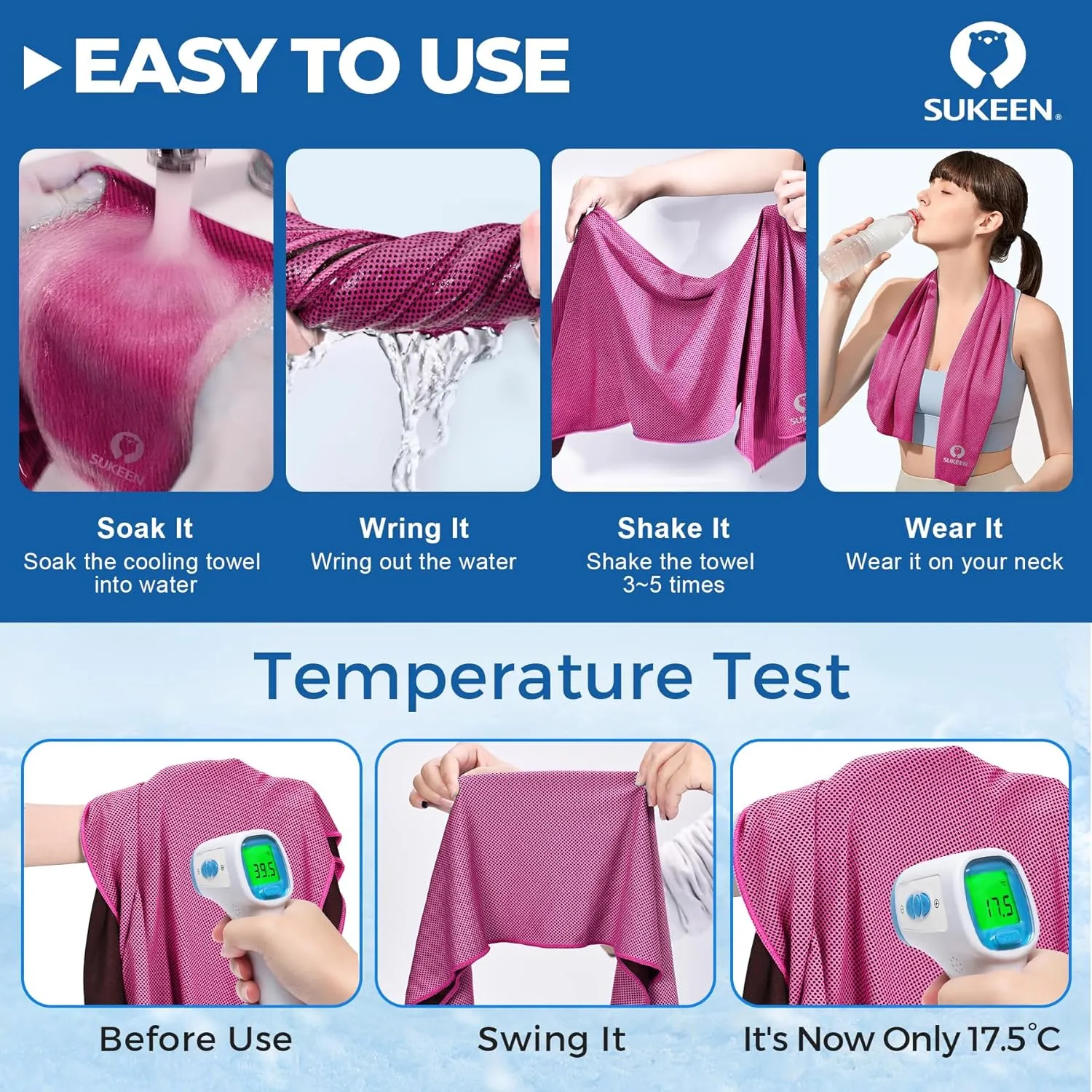 Sukeen Cooling Towels 6 Pack (40"x 12"), Neck and Face, Cool Sweat and Lightweight Breathable Towels for Hot Weather, Yoga, Sports, Workout, Running, Gym, Camping, Fitness