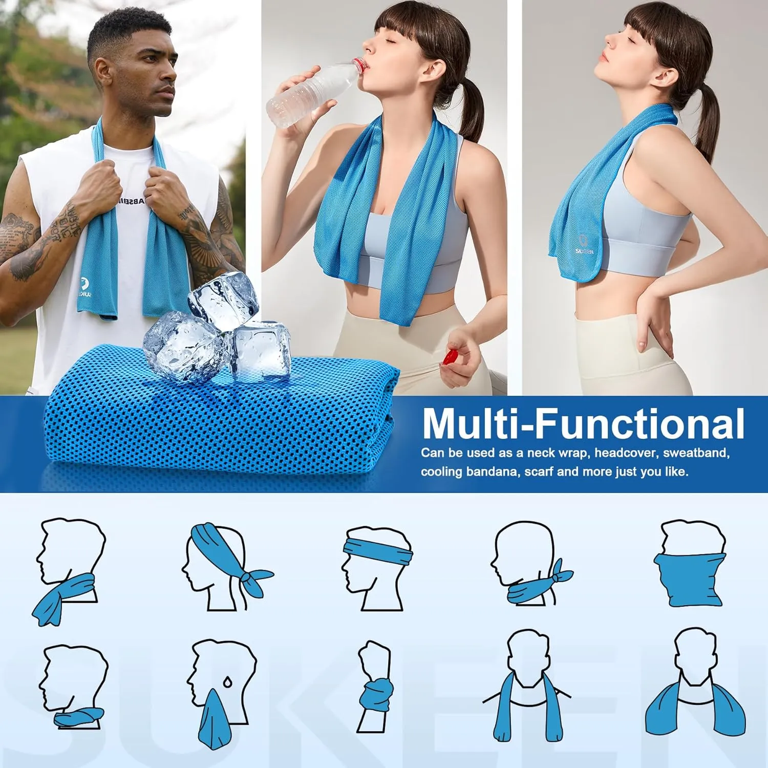 Sukeen Cooling Towels 6 Pack (40"x 12"), Neck and Face, Cool Sweat and Lightweight Breathable Towels for Hot Weather, Yoga, Sports, Workout, Running, Gym, Camping, Fitness