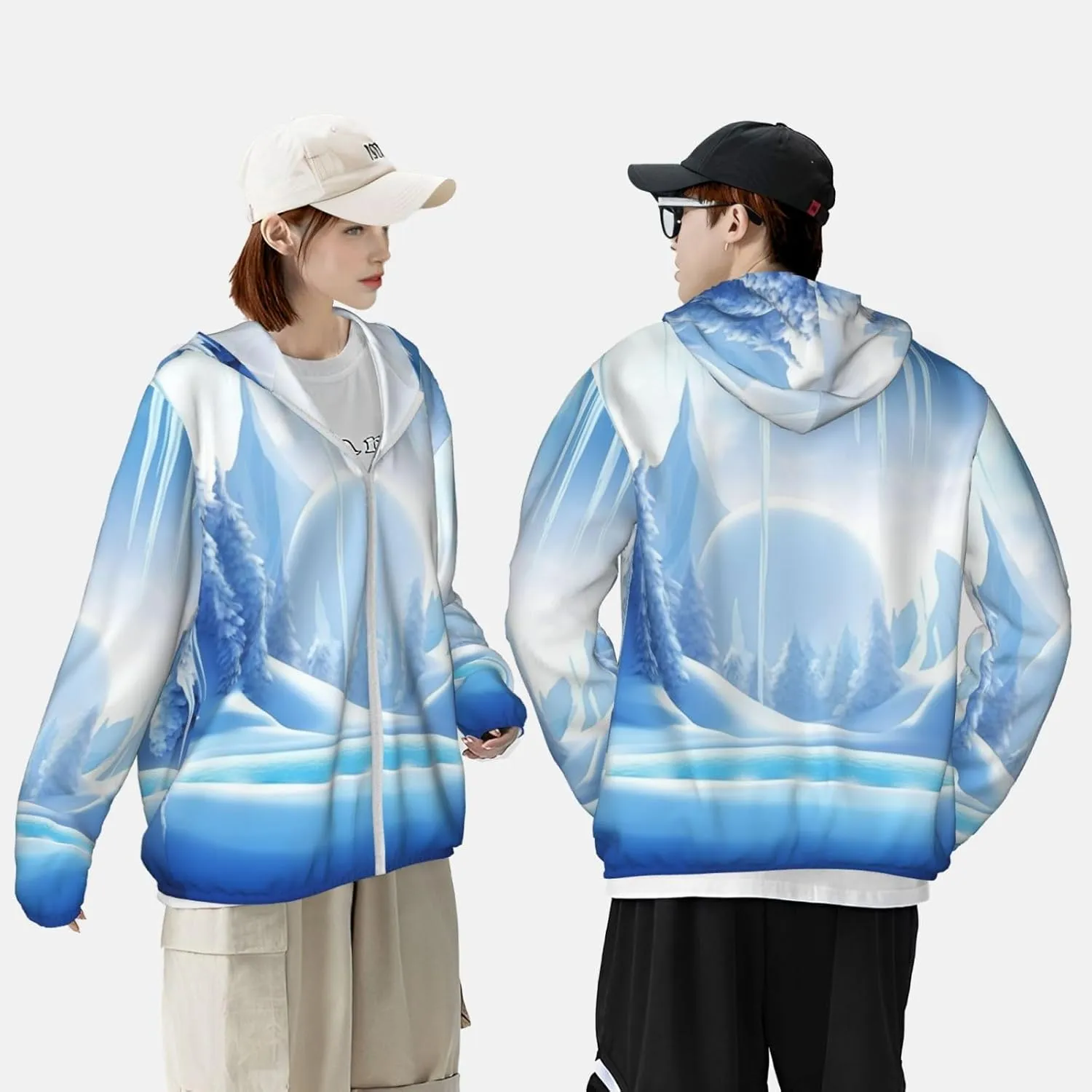 Sun Protection Hoodie Jacket Long Sleeve Zip Snow Ice World Print Sun Shirt With Pockets For Men Women