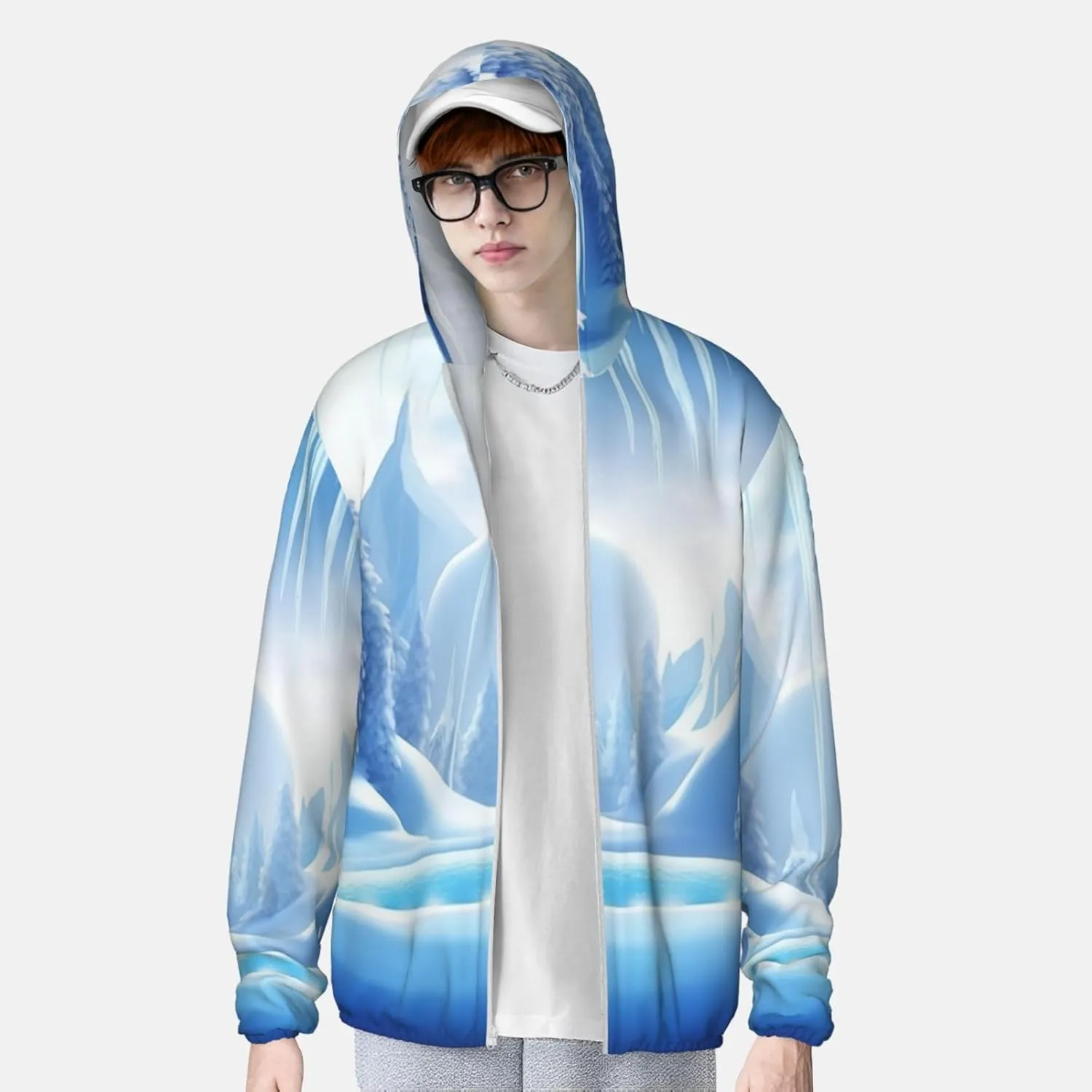 Sun Protection Hoodie Jacket Long Sleeve Zip Snow Ice World Print Sun Shirt With Pockets For Men Women
