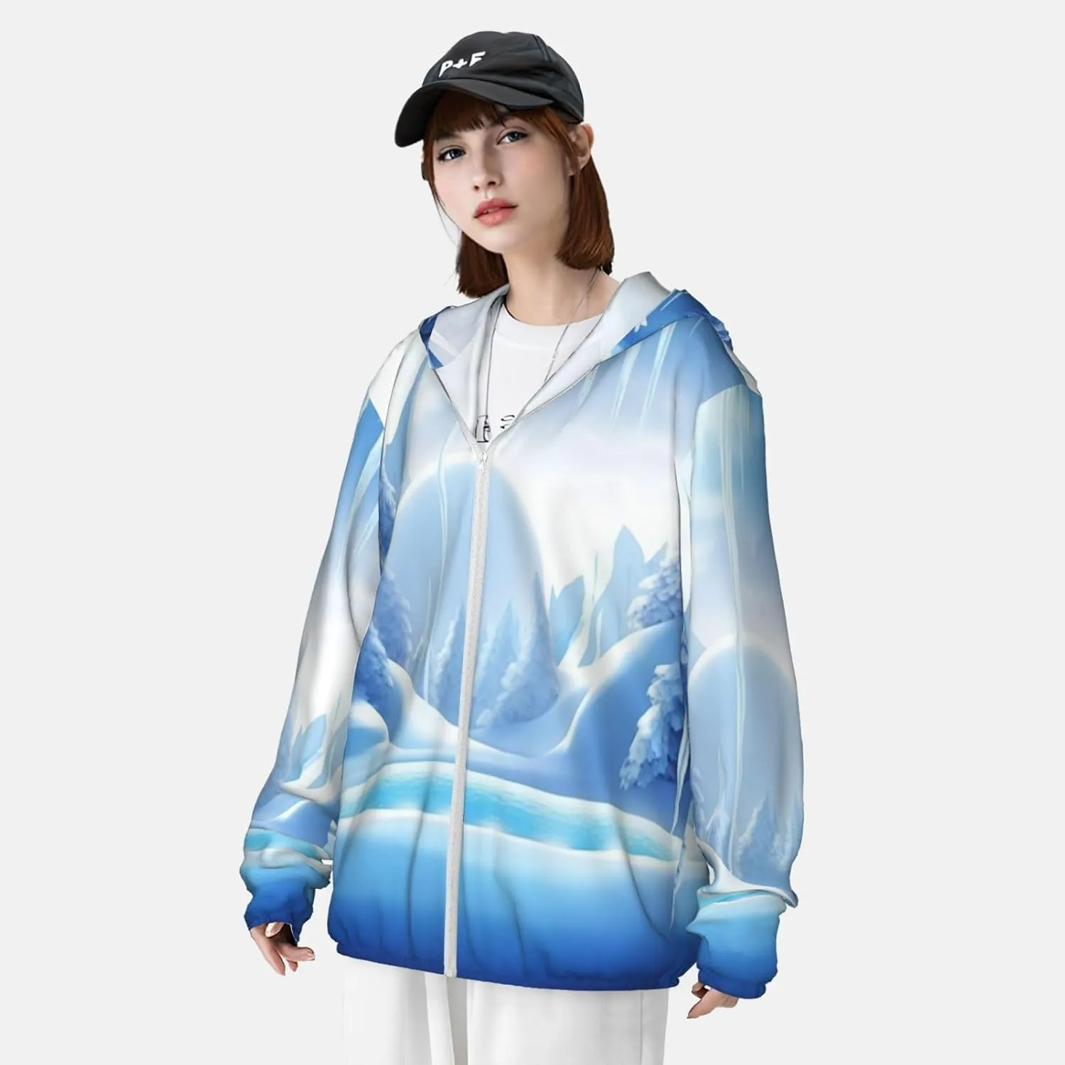 Sun Protection Hoodie Jacket Long Sleeve Zip Snow Ice World Print Sun Shirt With Pockets For Men Women