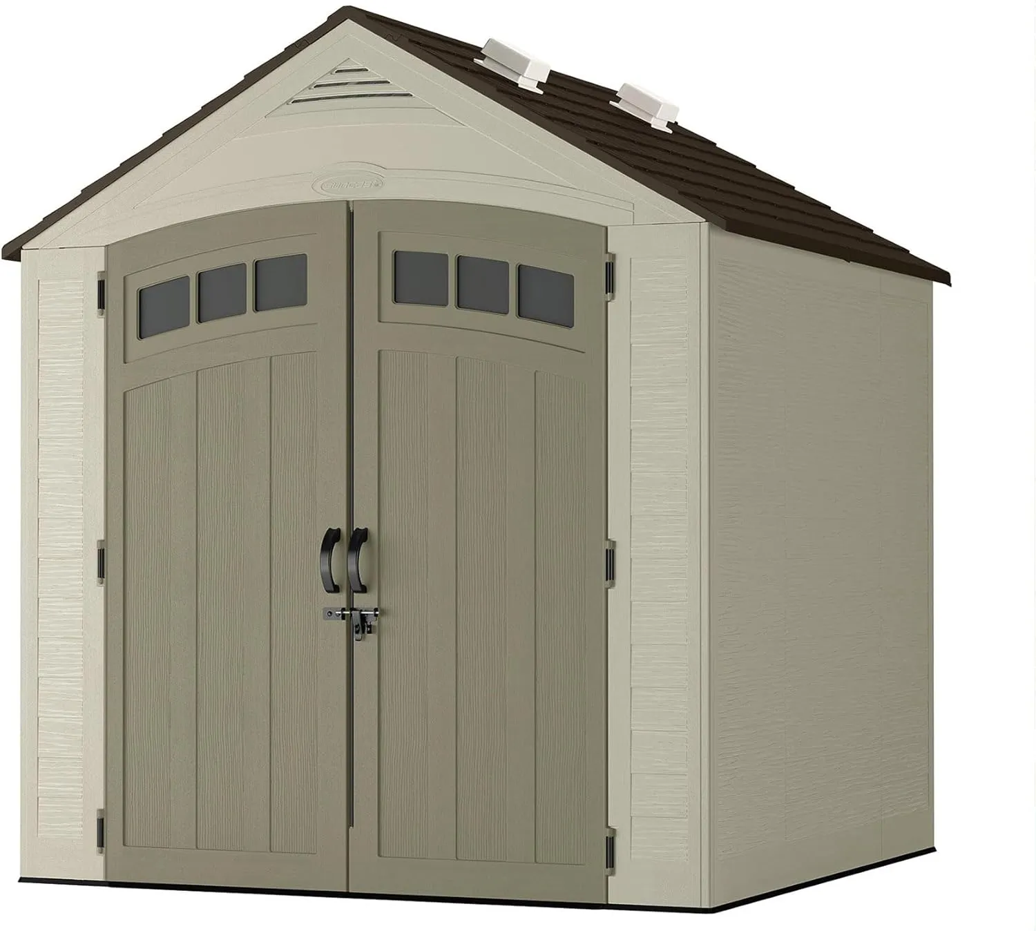 Suncast Vista 7x7 Storage Shed with Multi-Wall Resin Panels, 4 Skylights, IllumiVent System, and Pad-Lockable Doors, 84" D x 84" W x 98" H, Made in The USA