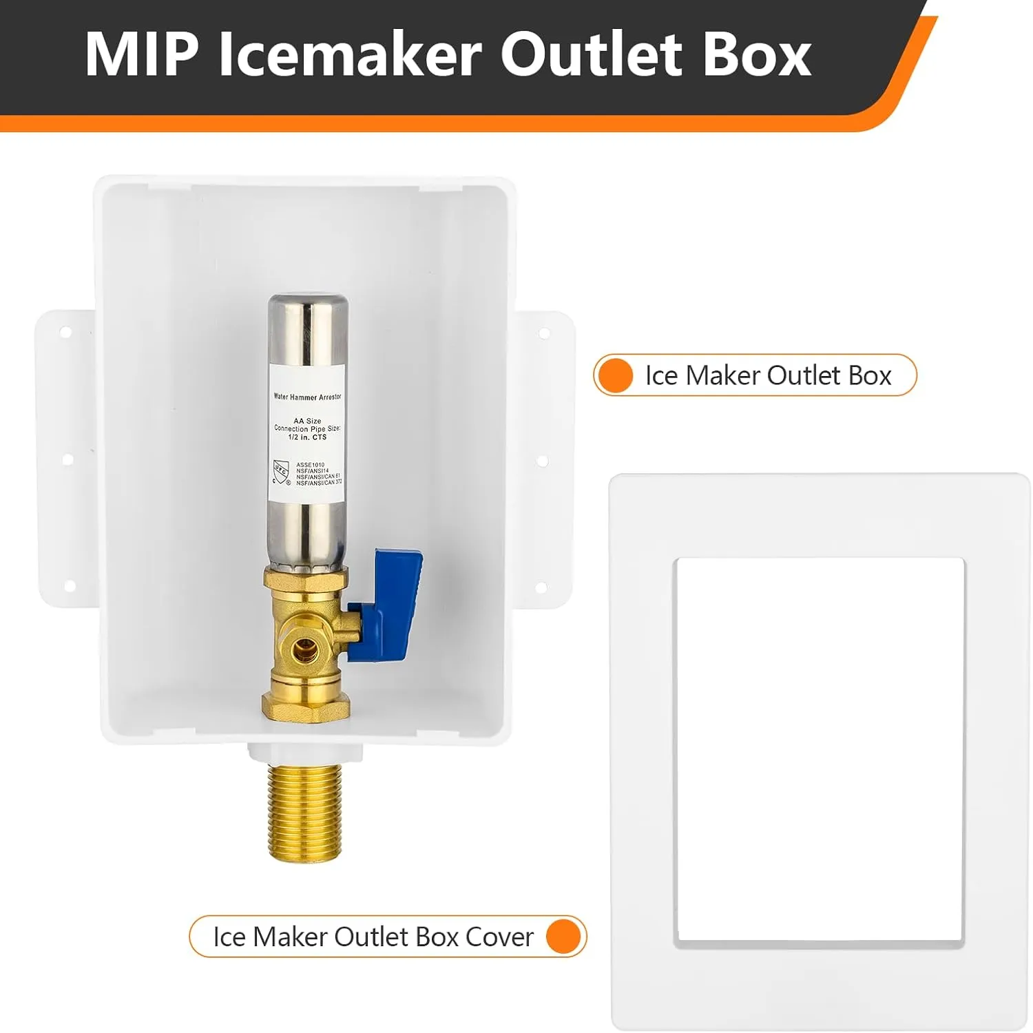 Sweat Ice Maker Outlet Box,Inlet 1/2 Inch MIP x Outlet 1/4 Inch OD Compression Connection,with Stainless Steel Water Hammer Arrestor