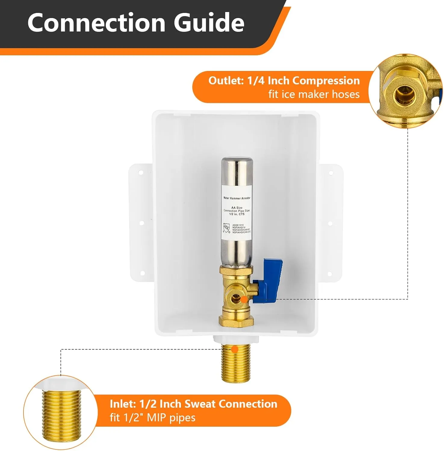 Sweat Ice Maker Outlet Box,Inlet 1/2 Inch MIP x Outlet 1/4 Inch OD Compression Connection,with Stainless Steel Water Hammer Arrestor