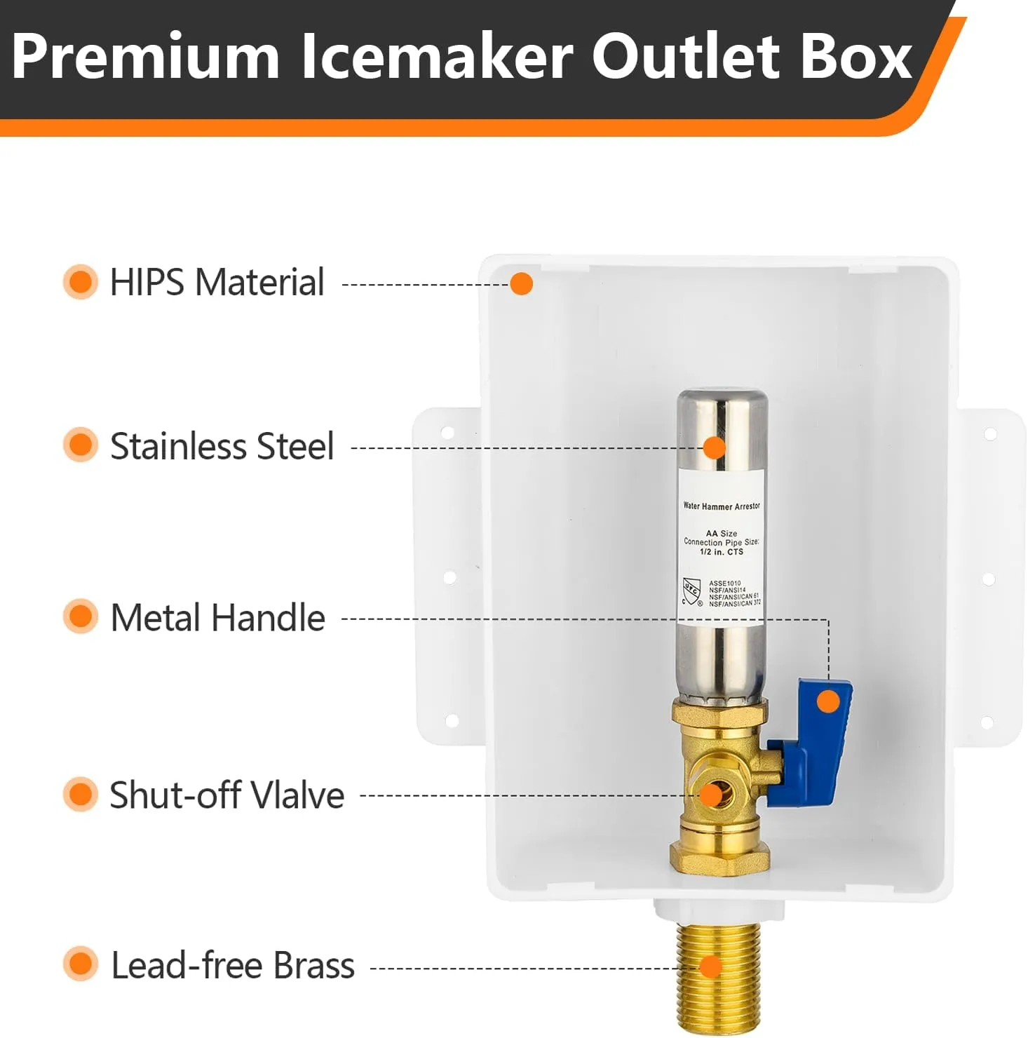 Sweat Ice Maker Outlet Box,Inlet 1/2 Inch MIP x Outlet 1/4 Inch OD Compression Connection,with Stainless Steel Water Hammer Arrestor