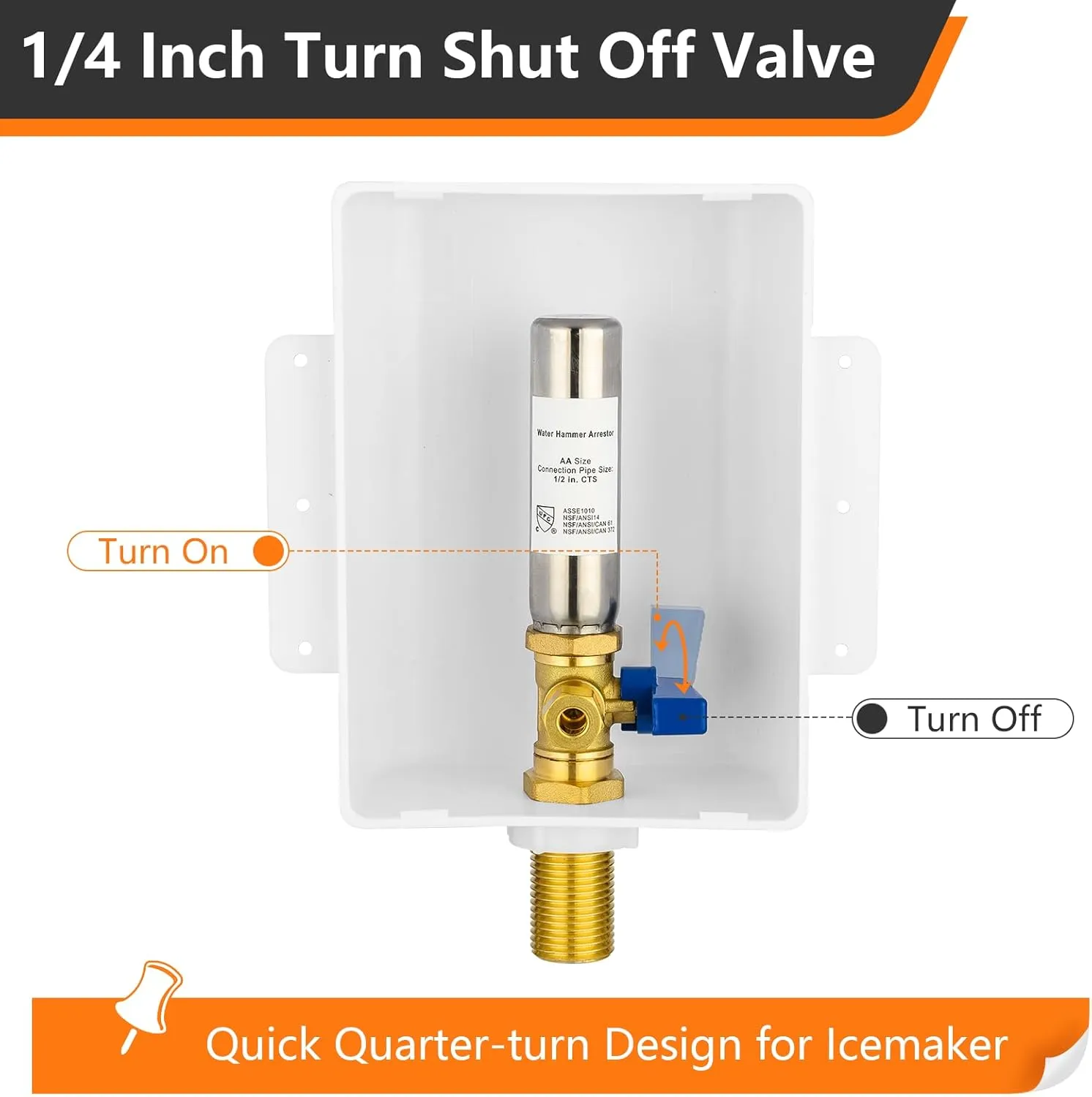 Sweat Ice Maker Outlet Box,Inlet 1/2 Inch MIP x Outlet 1/4 Inch OD Compression Connection,with Stainless Steel Water Hammer Arrestor