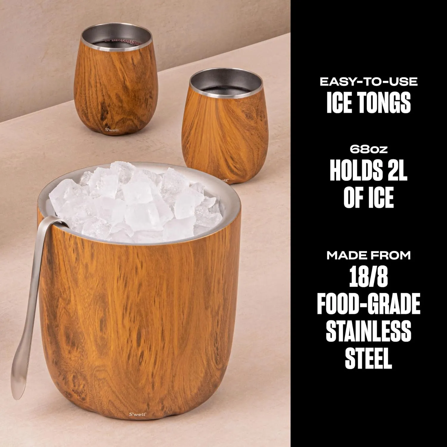 S'well Stainless Steel Ice Bucket with Tongs - Holds 68oz of Ice - Teakwood - Triple-Layered Vacuum-Insulated Container Designed to Keep Ice Colder, Longer - BPA-Free Designer Barware Accessories