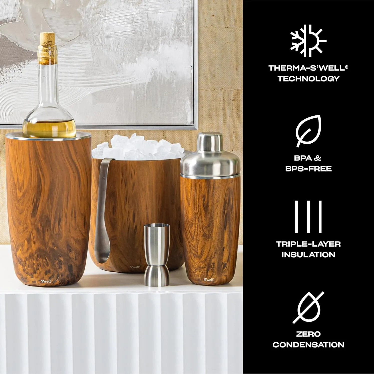 S'well Stainless Steel Ice Bucket with Tongs - Holds 68oz of Ice - Teakwood - Triple-Layered Vacuum-Insulated Container Designed to Keep Ice Colder, Longer - BPA-Free Designer Barware Accessories