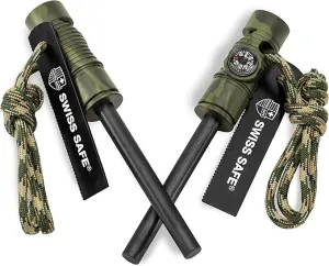 Swiss Safe 5-in-1 Fire Starter with Compass, Paracord and Whistle (2-Pack) for Emergency Survival Kits, Camping, Hiking, All-Weather Magnesium Ferro Rod