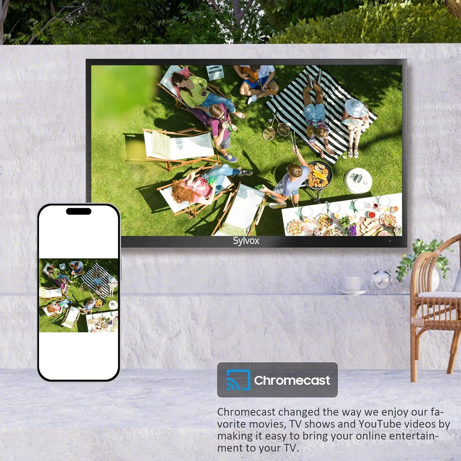 SYLVOX Outdoor TV, 43 inch Smart TV Waterproof Outdoor TVs, 4K Weatherproof Television for Outside, Support Google Assistant, Chromecast, 1000 nit Brightness Partial Sun (Deck Pro 2.0/2024)