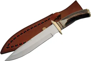 SZCO Supplies 13" Frontiersman Hunting Knife with Genuine Stag Handle, Brass Guard, and Leather Sheath – Stainless Steel Blade for Camping, Skinning, and Survival