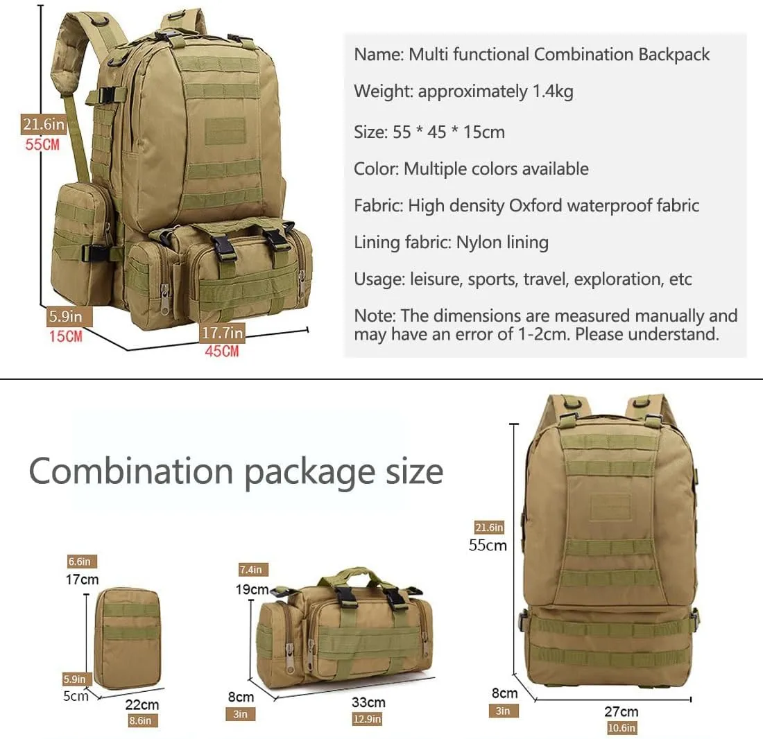 Tactical Backpack Military Army Rucksack 60L Large Assault Pack Camping Detachable Molle Bag (Desert Digital)
