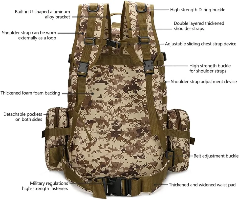 Tactical Backpack Military Army Rucksack 60L Large Assault Pack Detachable Molle Bag (Ruins Green)