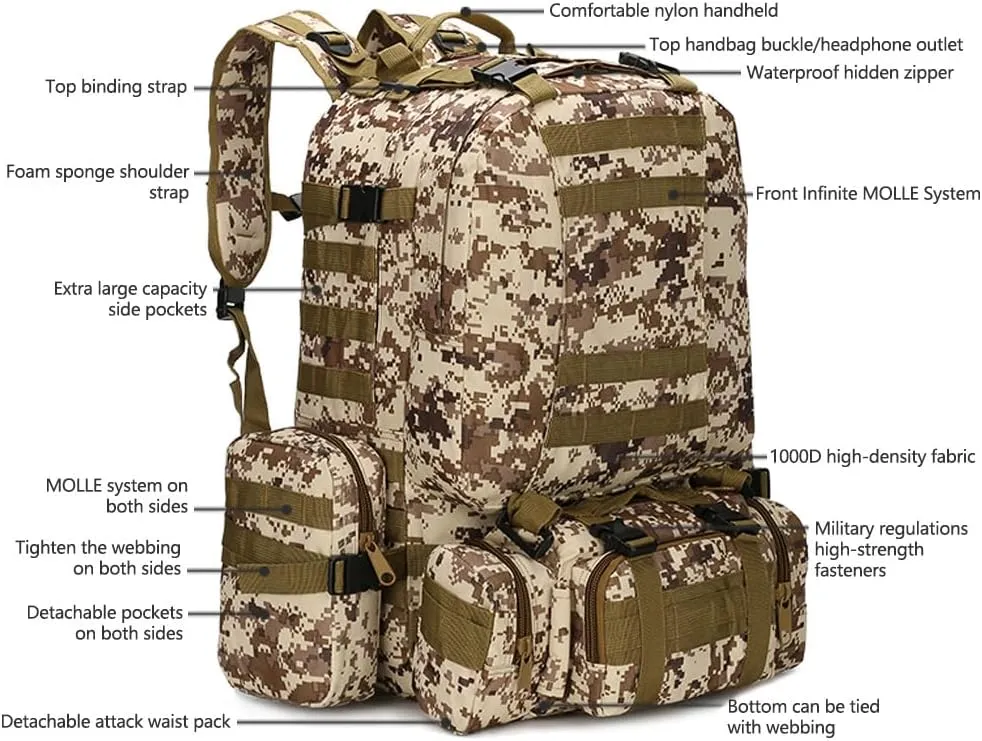 Tactical Backpack Military Army Rucksack 60L Large Assault Pack Detachable Molle Bag (Ruins Green)