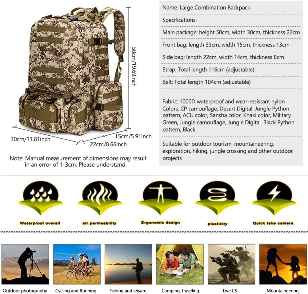 Tactical Backpack Military Army Rucksack 60L Large Assault Pack Detachable Molle Bag (Ruins Green)