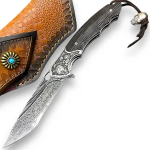 TACTICAL GEARZ Damascus Pocket Knife, Ebony Handle w/Carved Steel Head, Multi-Layered Damascus Steel VG10 Blade, Includes Stitched Leather Sheath (Kratos XT)