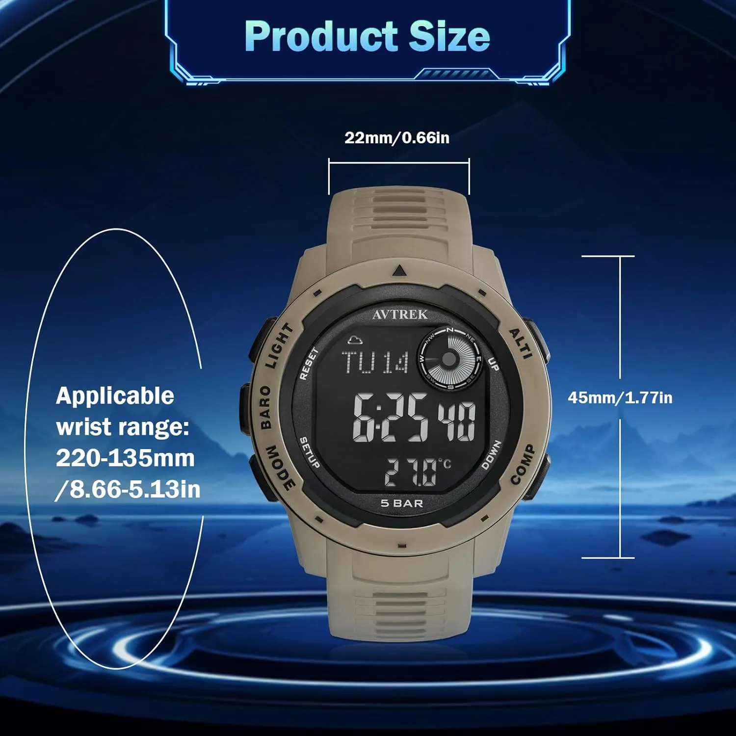 Tactical Watch with Compass,50M Waterproof Pedometer, Digital Altimeter Watch for Outdoor Hiking/Climbing(Cafe)