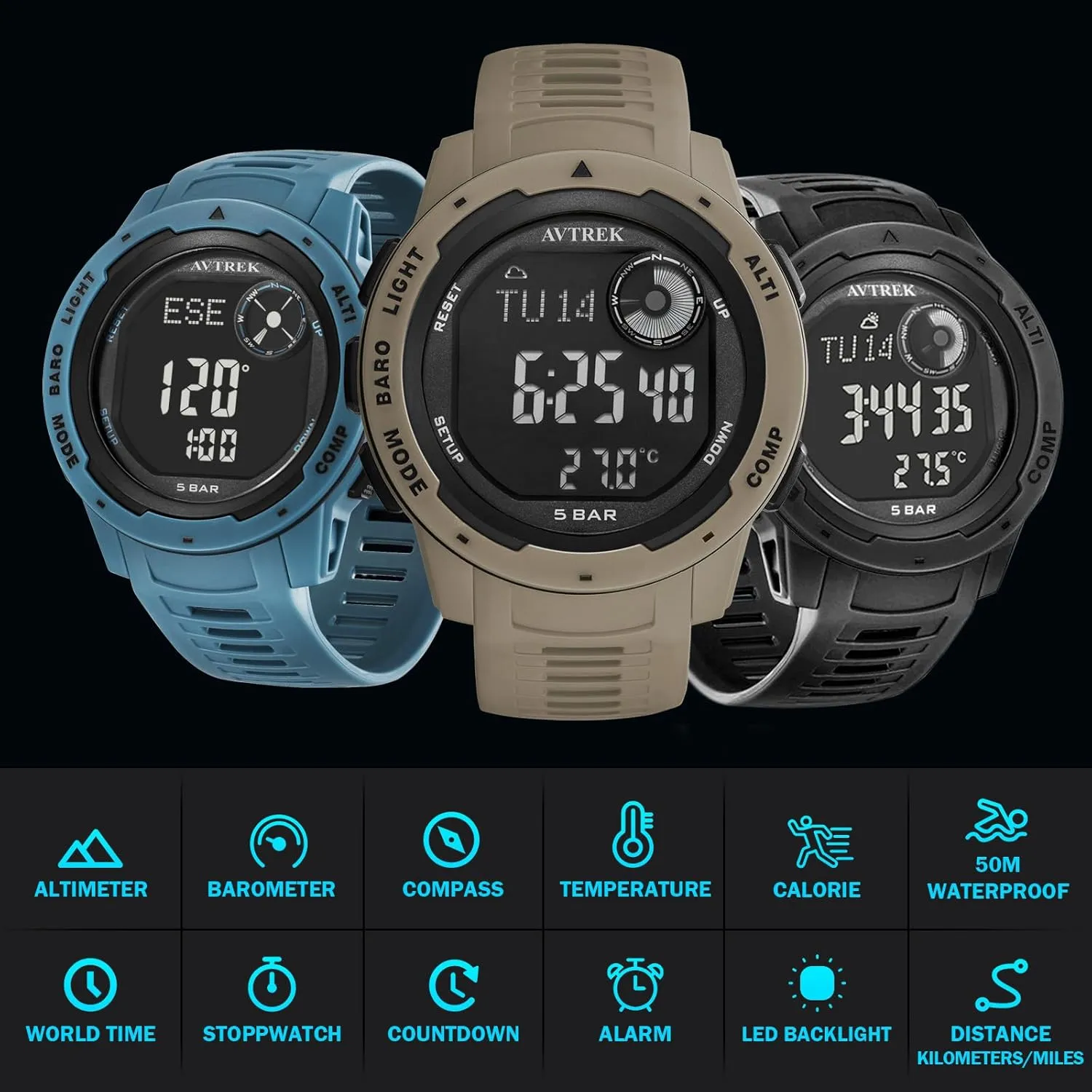 Tactical Watch with Compass,50M Waterproof Pedometer, Digital Altimeter Watch for Outdoor Hiking/Climbing(Cafe)