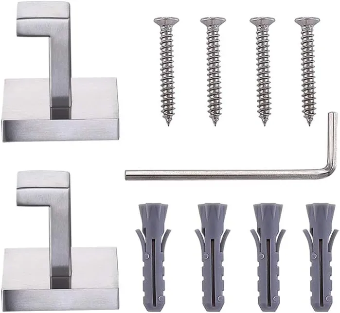 TASTOS Bath Towel Hooks Brushed Nickel, 2 Pack Stainless Steel Robe Coat and Clothes Hook, Heavy Duty Wall Hook for Bathroom & Kitchen, Modern Square Style Wall Mounted (Silver)