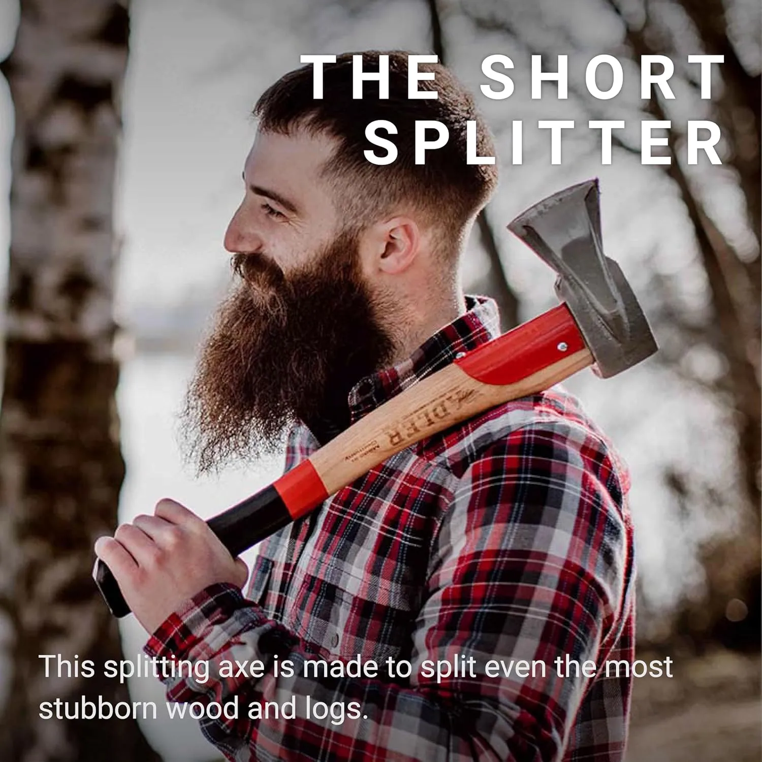 The Short Splitter, Hickory Wood, Leather Sheath, German Made, Anti-Slip Wood Splitting Axe, Head 2.7 pounds, Handle 19.6 inches