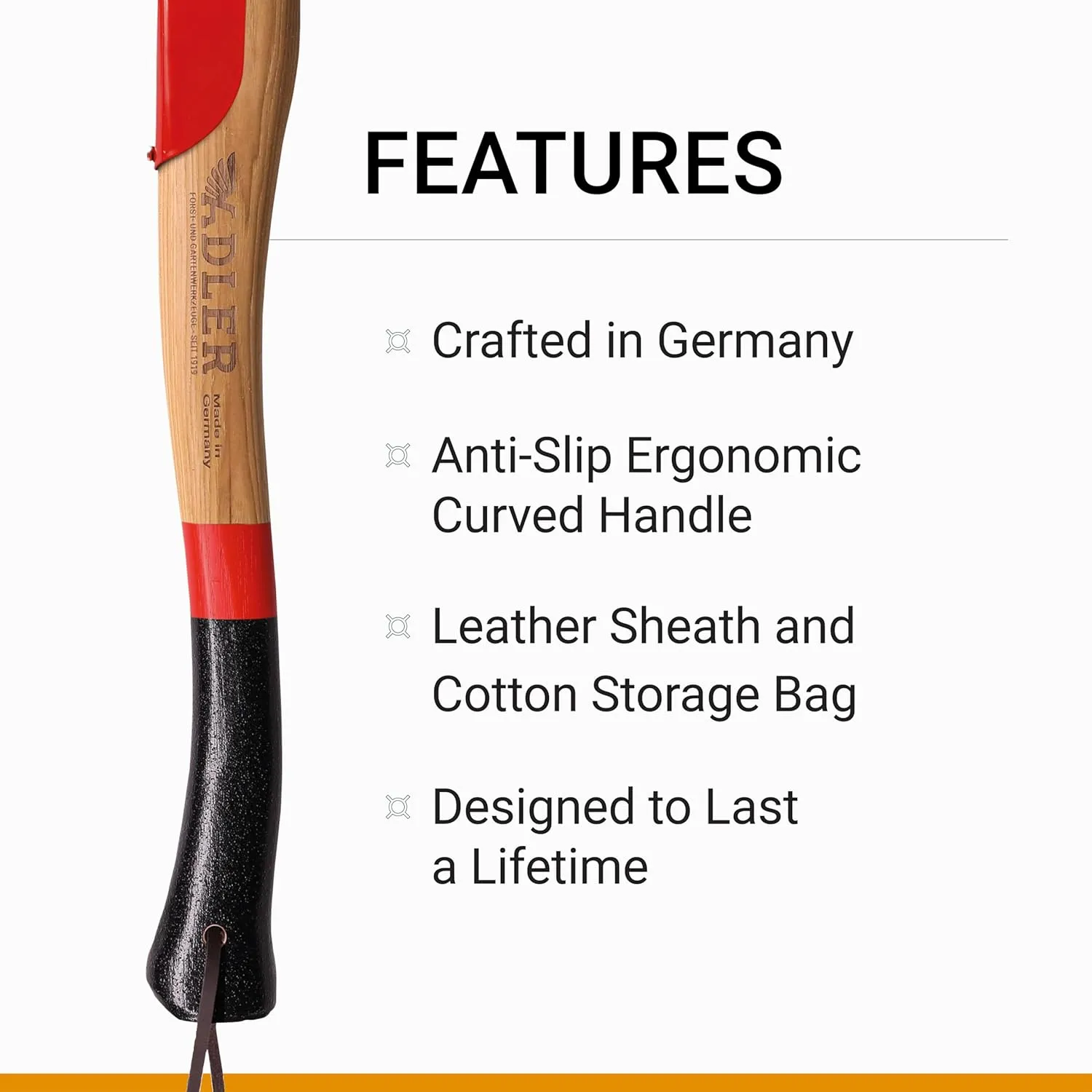 The Short Splitter, Hickory Wood, Leather Sheath, German Made, Anti-Slip Wood Splitting Axe, Head 2.7 pounds, Handle 19.6 inches