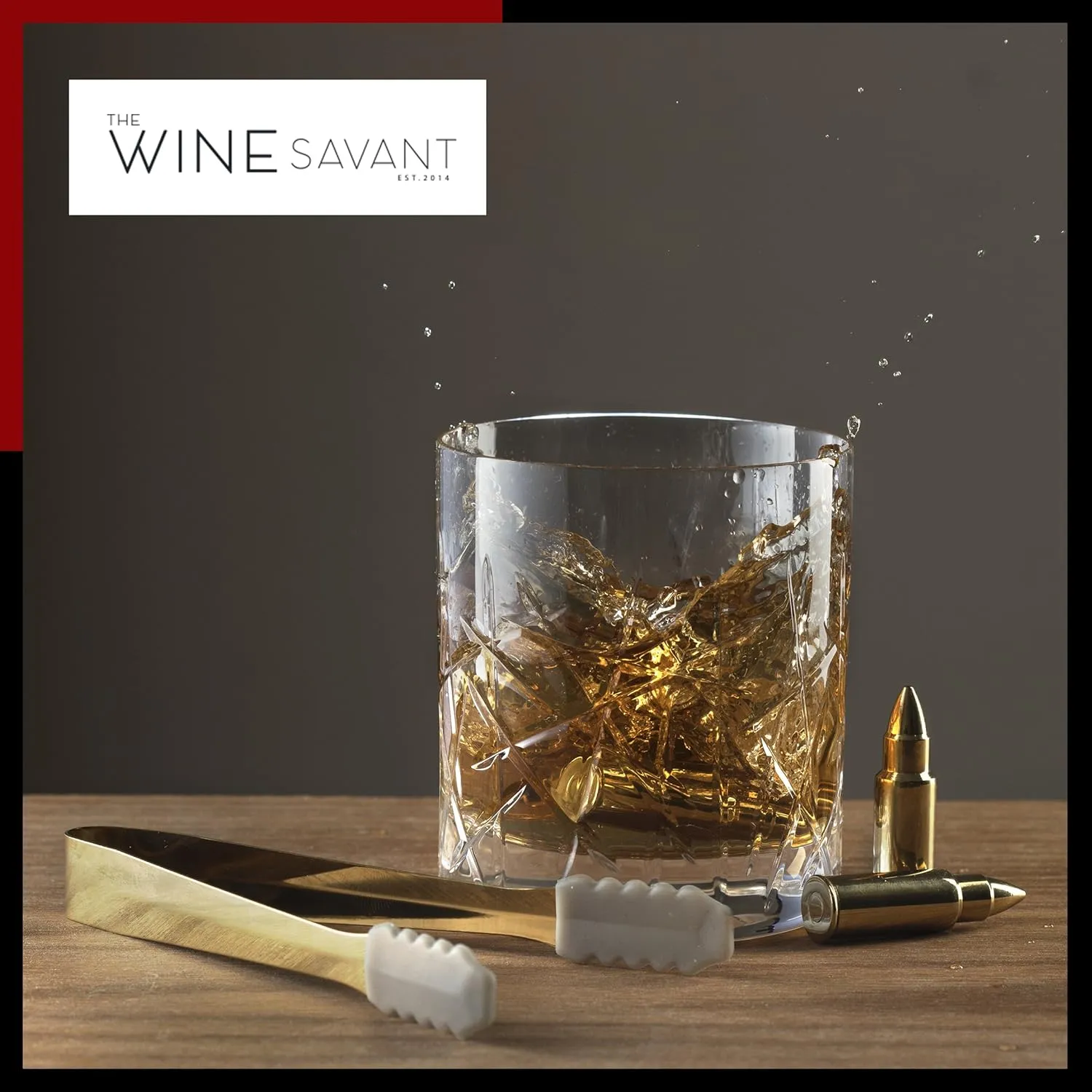 The Wine Savant Bullet Whiskey Chillers Stones - 1.75in Whiskey Rocks Set of 6 - Stainless Steel Bullet Shaped Ice Cubes, Gift Box Come, Tongs and Storage Bag, Whiskey or Scotch Rocks (Gold)