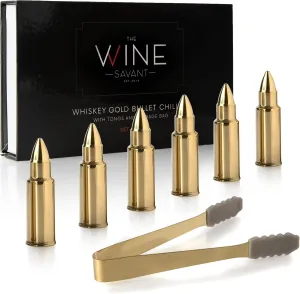 The Wine Savant Bullet Whiskey Chillers Stones - 1.75in Whiskey Rocks Set of 6 - Stainless Steel Bullet Shaped Ice Cubes, Gift Box Come, Tongs and Storage Bag, Whiskey or Scotch Rocks (Gold)