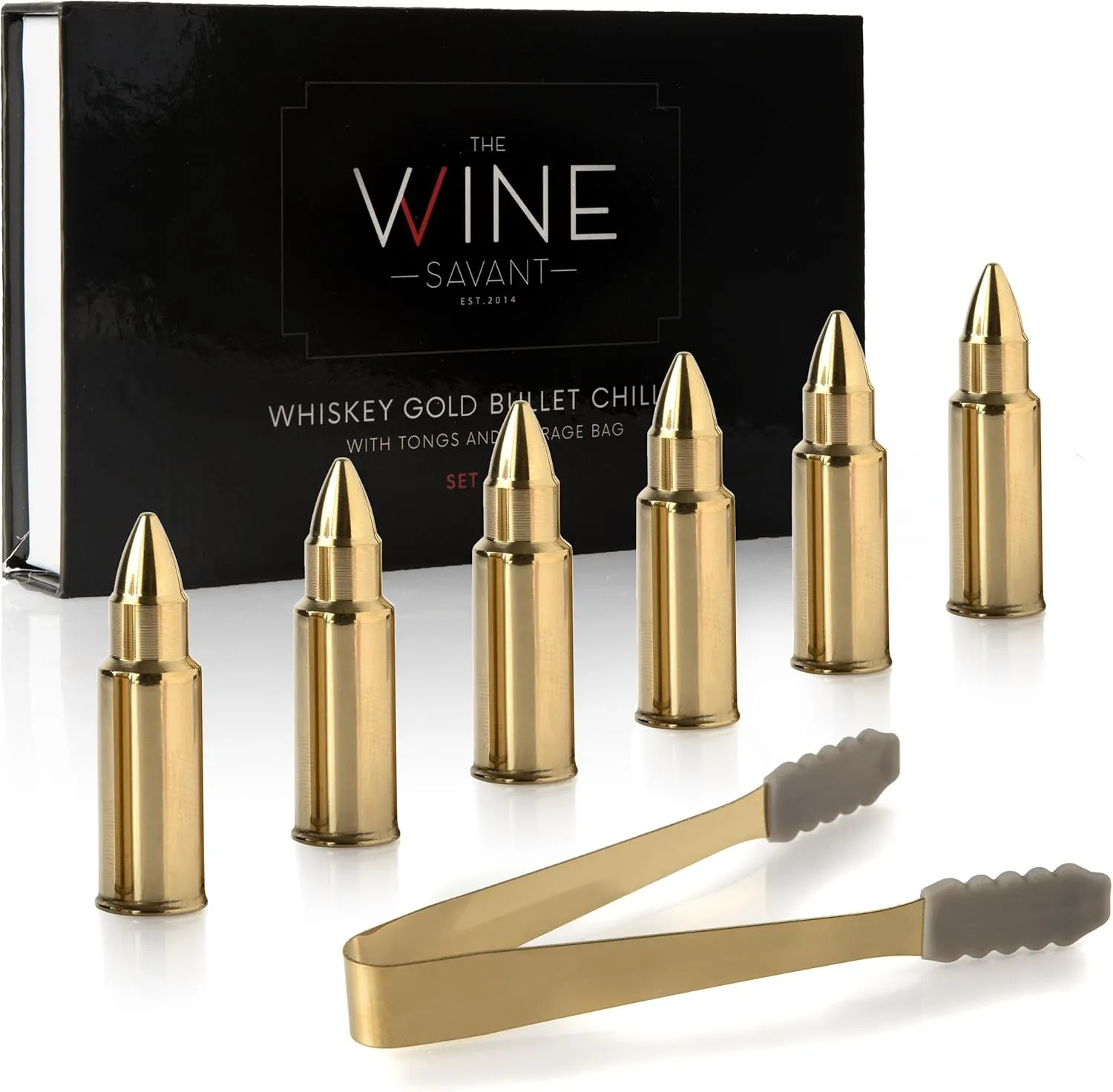 The Wine Savant Bullet Whiskey Chillers Stones - 1.75in Whiskey Rocks Set of 6 - Stainless Steel Bullet Shaped Ice Cubes, Gift Box Come, Tongs and Storage Bag, Whiskey or Scotch Rocks (Gold)