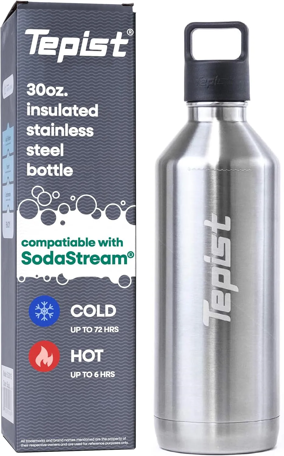 ThirtyO 30oz Stainless Steel Bottle Compatible with Sodastream Machines | Silver | Vacuum Sealed | Double Walled | Leak-Proof | Easy to Carry | Reusable Bottle