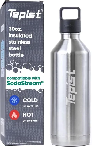 ThirtyO 30oz Stainless Steel Bottle Compatible with Sodastream Machines | Silver | Vacuum Sealed | Double Walled | Leak-Proof | Easy to Carry | Reusable Bottle