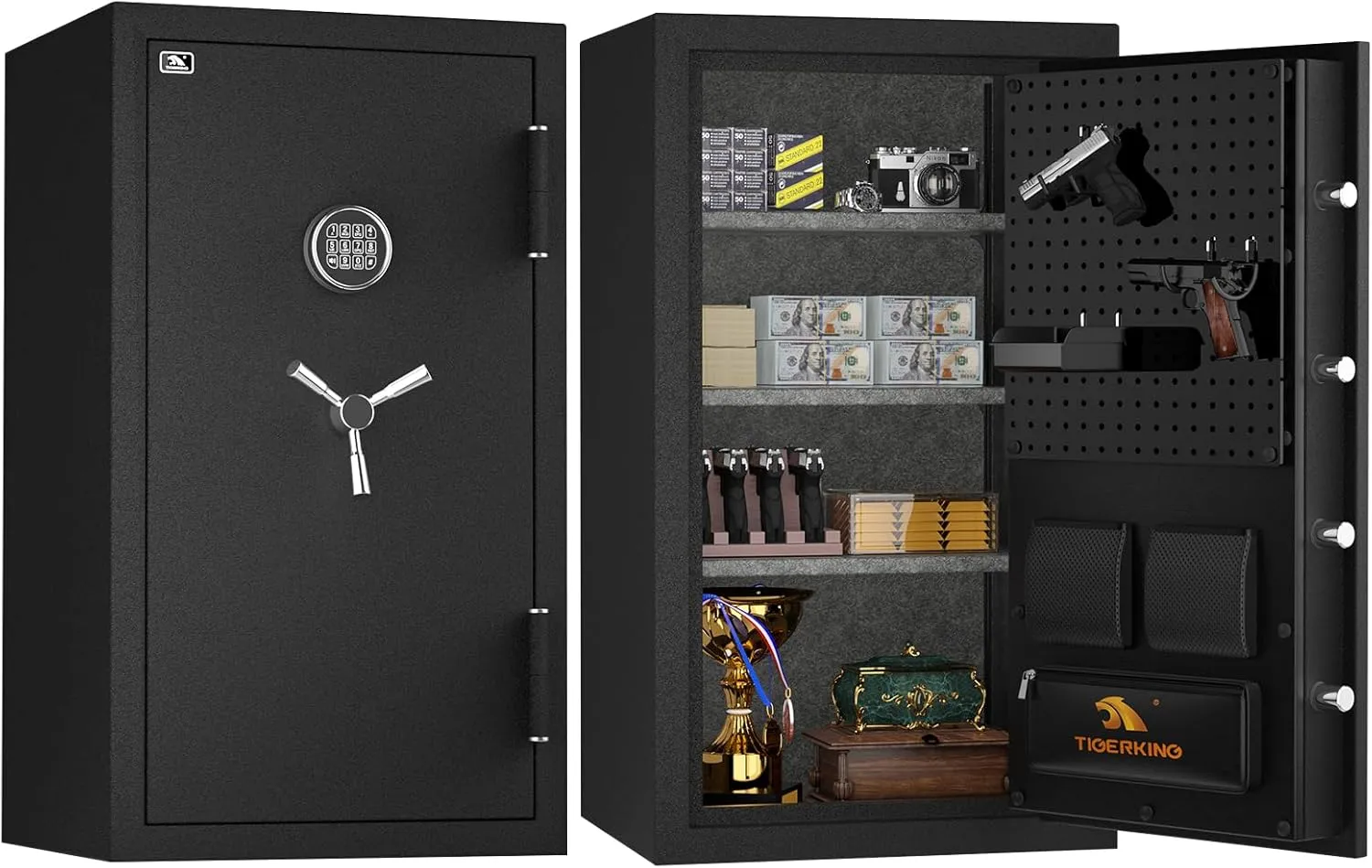 TIGERKING 8.78 Cu Ft Fireproof and Waterproof Safe with Digital Lock, DIY Pegboard Door, Heavy-Duty Steel Large Floor Safe for Home & Office, 30-Min 1200°F Fireproof & 72-Hr Waterproof Protection