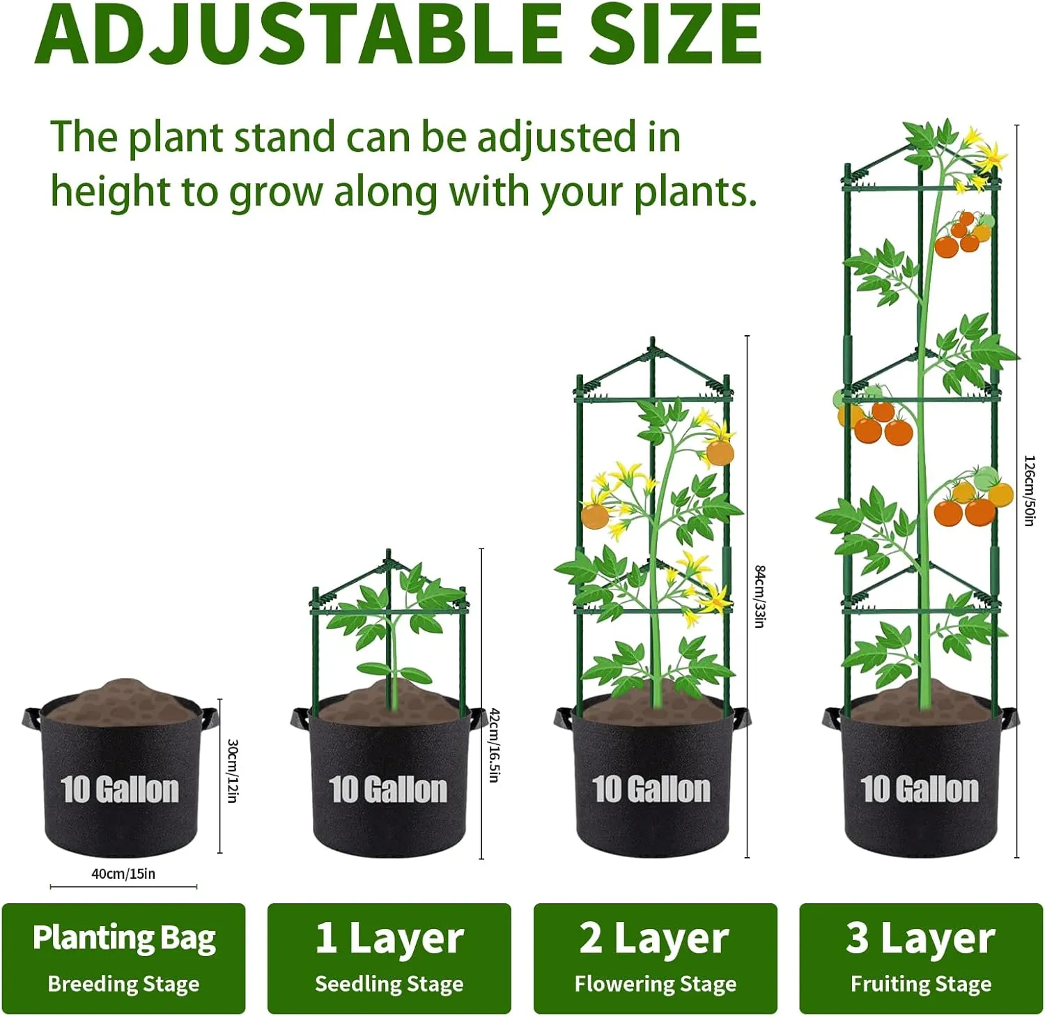 Tomato Cages with Grow Bags - 50 Inches Tomato Trellis for Raised Garden Bed, 1-Pack Tomato Plant Support, with 10 Gallon Plant Grow Bags, Reusable and Height Adjustable