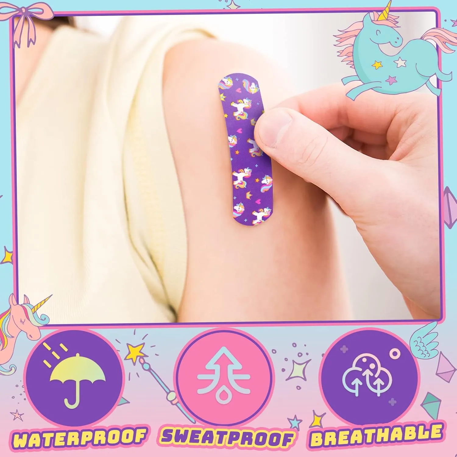 Tondiamo 200 Pieces 5 Styles Cartoon Bandages for Kids Flexible Adhesive Colorful Strips Waterproof Cute Bandages for Girls Repair Tape Knuckle Stickers Protection Care for Cuts Scrapes Burns