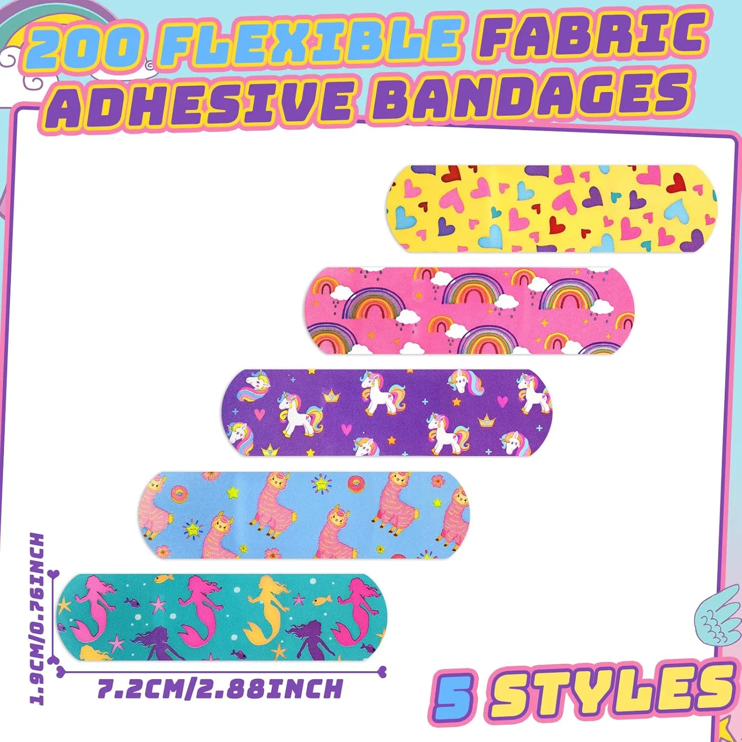 Tondiamo 200 Pieces 5 Styles Cartoon Bandages for Kids Flexible Adhesive Colorful Strips Waterproof Cute Bandages for Girls Repair Tape Knuckle Stickers Protection Care for Cuts Scrapes Burns