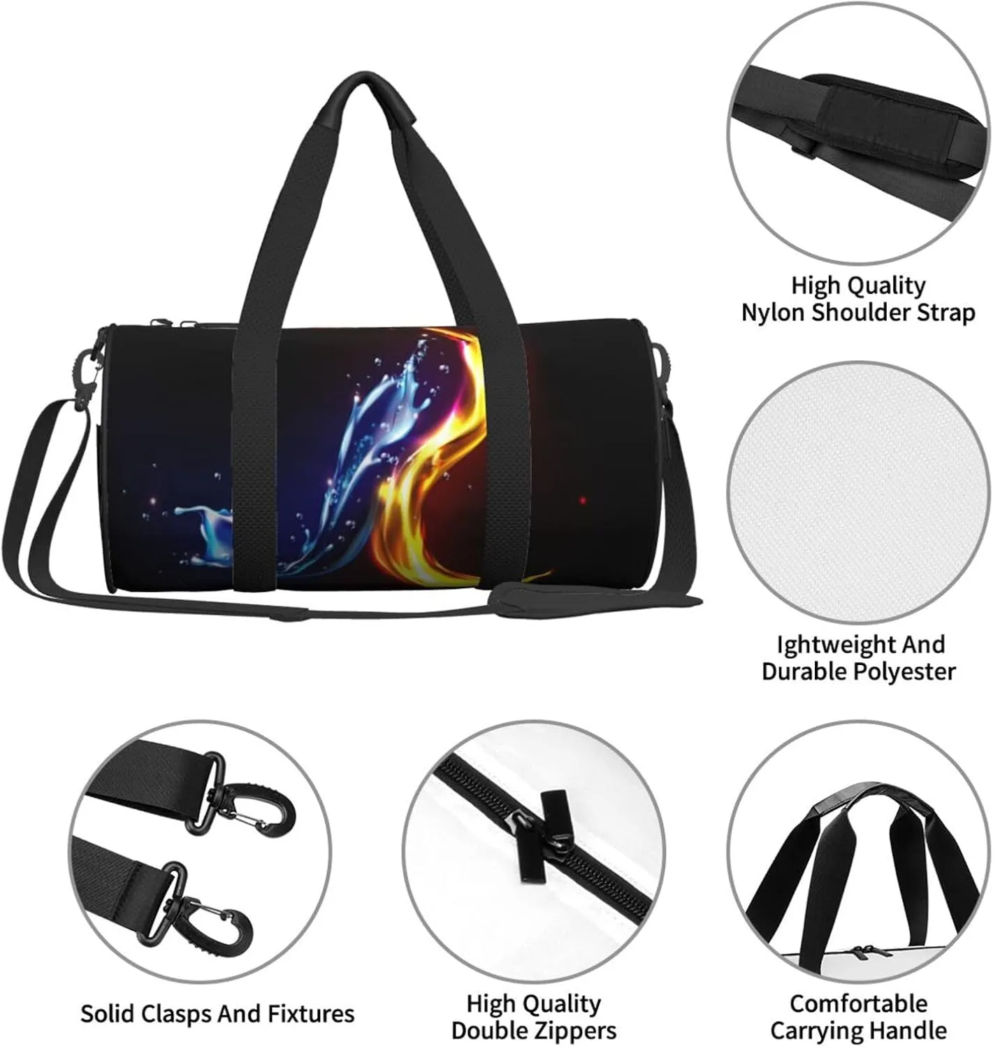 Travel Duffle Bag for Men Women, Fire Water Splash Duffle Bags for Sport Gym Overnight Luggage