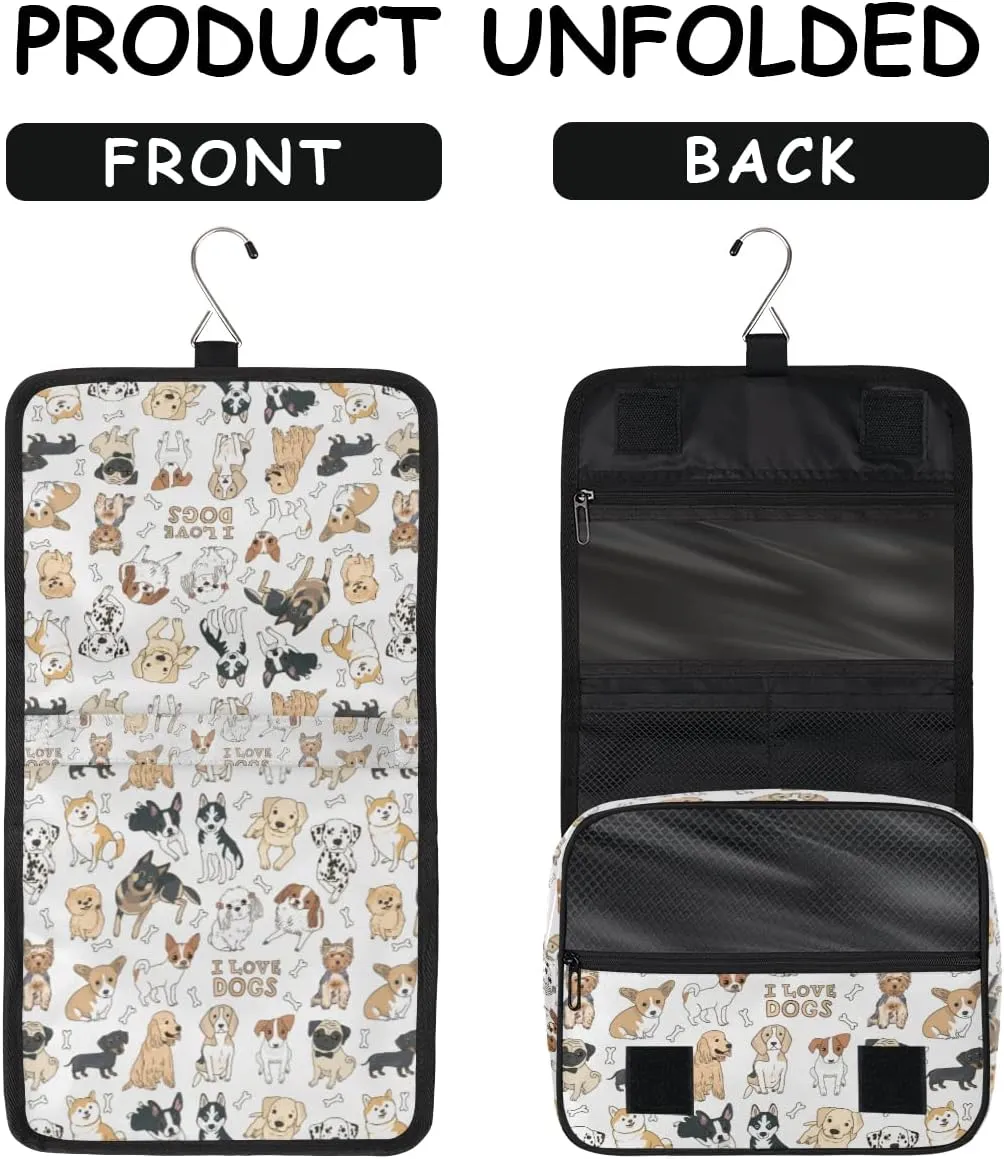 Travel Hanging Toiletry Bag for Women Men All Kinds Of Cute Cartoon Dogs Cosmetic Bag Waterproof Makeup Organizer for Accessories, Shampoo, Full Sized Container, Toiletries for Bathroom Shower