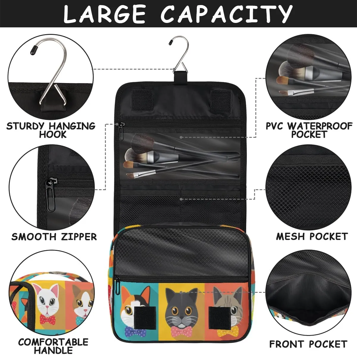Travel Hanging Toiletry Bag for Women Men Cute Animal Cat Bows Cosmetic Bag Waterproof Makeup Organizer for Accessories, Shampoo, Full Sized Container, Toiletries for Bathroom Shower