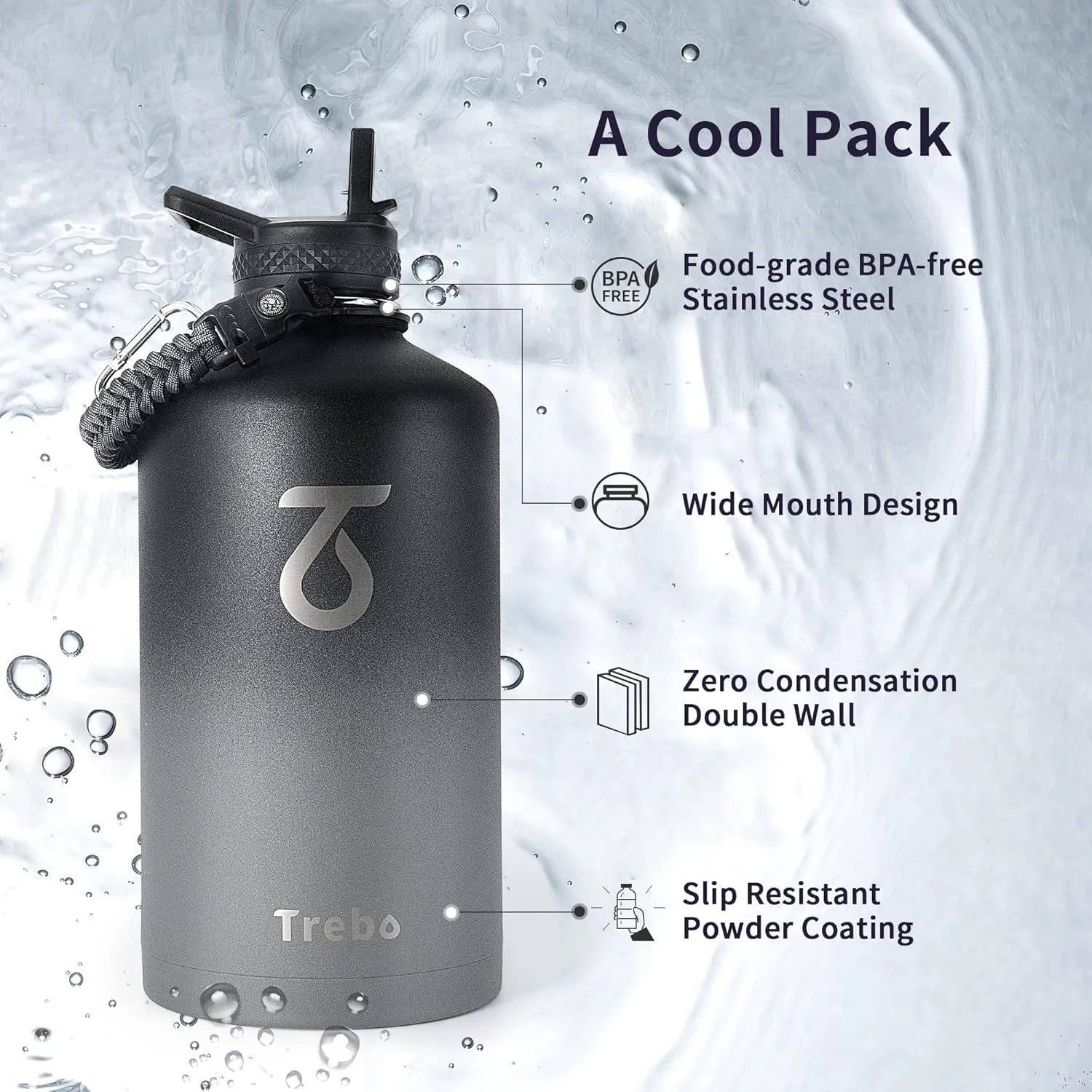Trebo One Gallon Water Bottle Insulated with Paracord Handle,128oz Stainless Steel Sports Large Jug Food-grade Double Wall Vacuum with Straw Spout Handle Lids, Leakproof Keep Cold & Hot, Dark Gray