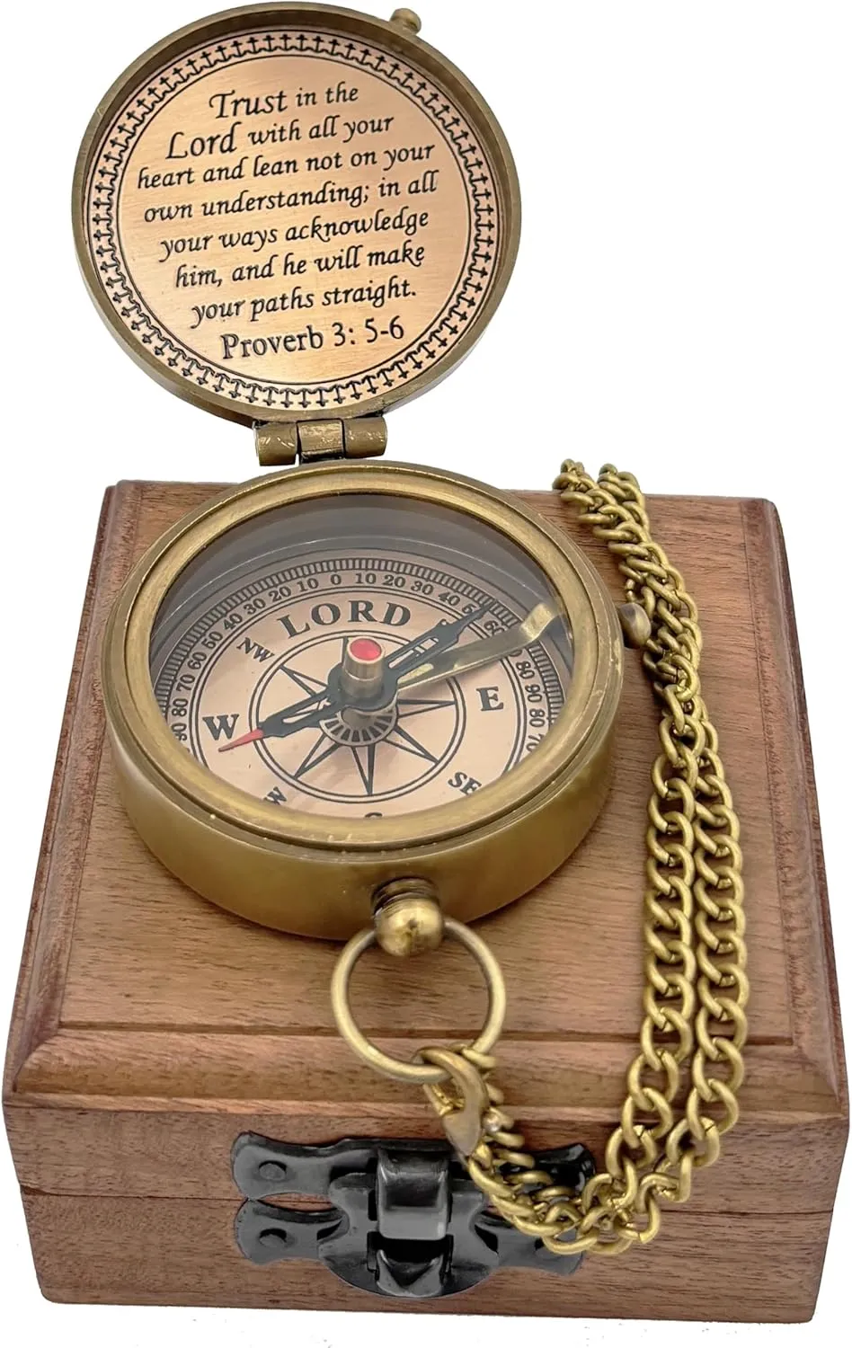 Trust in The Lord Engraved Compass with Wooden Box, Brass Antique Compass for Hiking, Camping, Religious Gifts Men Women Catholic, Graduation Gift