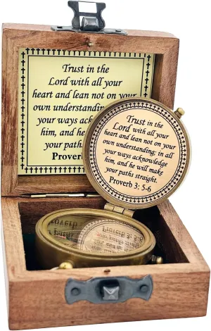 Trust in The Lord Engraved Compass with Wooden Box, Brass Antique Compass for Hiking, Camping, Religious Gifts Men Women Catholic, Graduation Gift